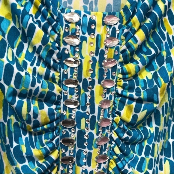 Rafaella Blue Yellow Jewel Front Sleeveless Blouse Size Petite Medium NWT - Picture 3 of 7